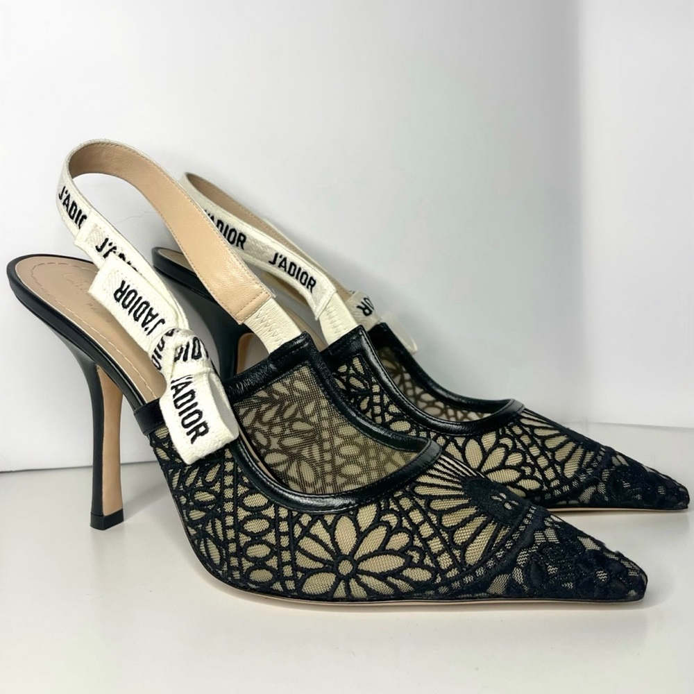 J'Adior Lace Embroidered Fabric Slingback Pumps